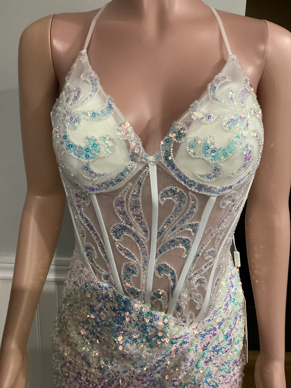 Stacees iridescent Sequin Mermaid Fairy Corset Sleeveless Thigh Slit Size 12 - Picture 3 of 15